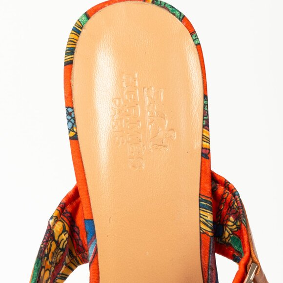 Hermes Brown Leather & Orange Printed-Silk Mule Sandals - Picture 11 of 11